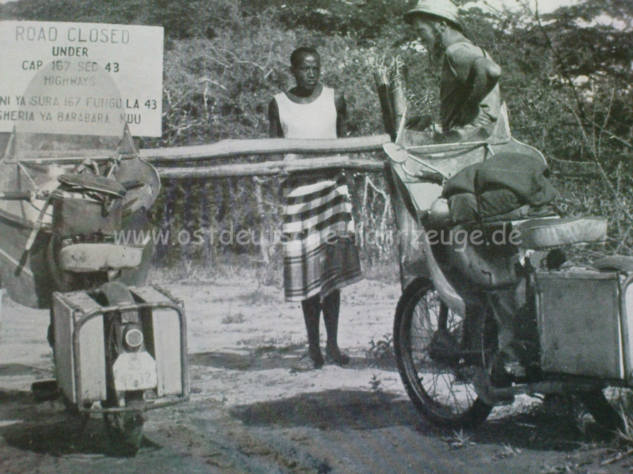 Straße ist wegen Regenzeit für drei Monate gesperrt.<br />Bild - Quelle: Mopedfahrt durch Afrika, W.Schrader/R.König, VEB F.A.Brockhaus Verlag Leipzig